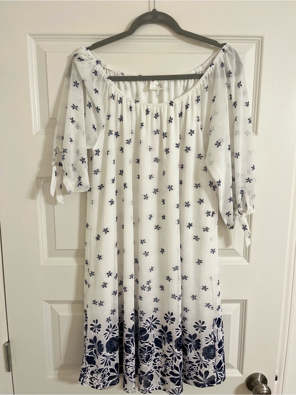 Siren Lily White Midi Dress with Navy Floral Border